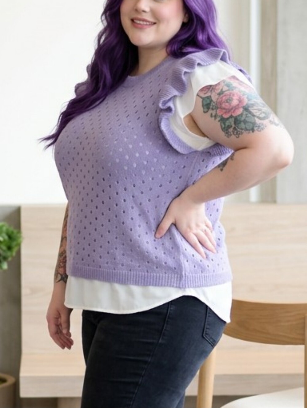 Women's NWOT BLAKELEY Pastel Lilac Eyelet Ruffle Sleeve Crew Neck Sweater 2X